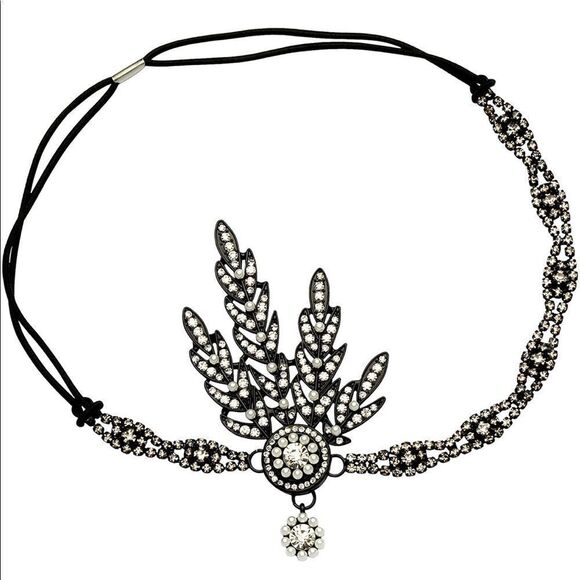 ✨ NWT Art Deco 1920’s Gatsby Flapper Crystal Rhinestone & Pearl, Black main image 5